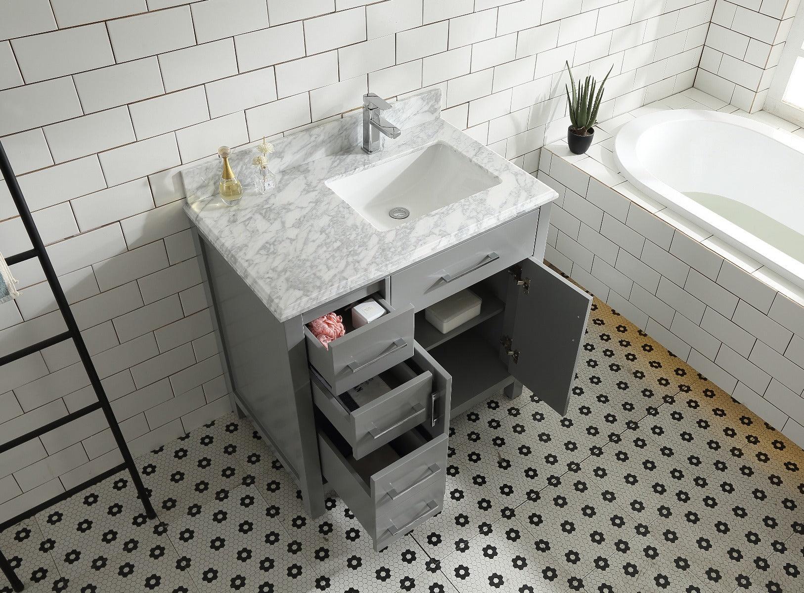 36" Grey Freestanding Bathroom Vanity with Carrera Marble Countertop Mella – Image 4