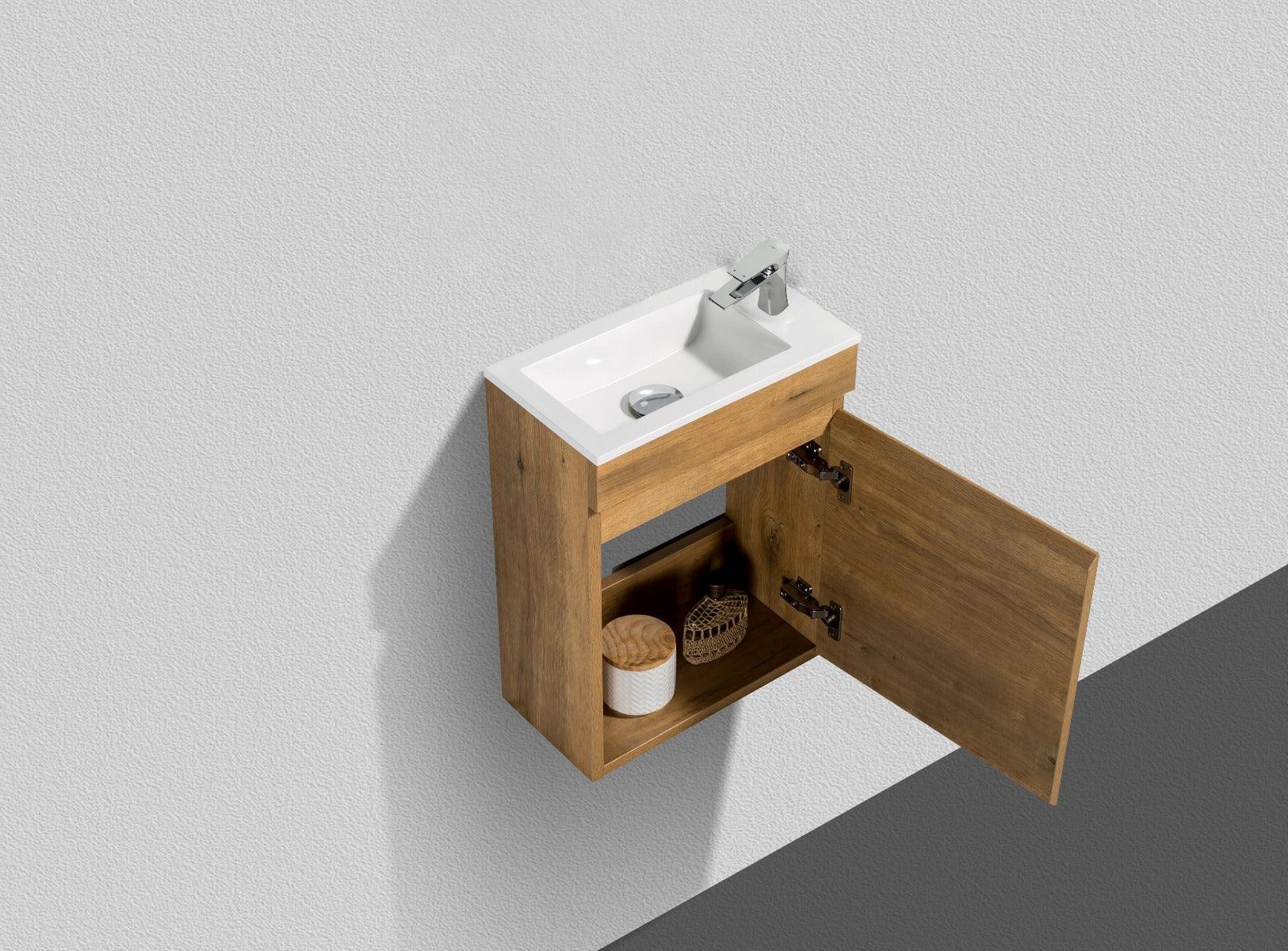 16" Natural Oak Wall Mount Bathroom Vanity with White Polymarble Countertop Mini - Mirror and Faucet included - Image 2