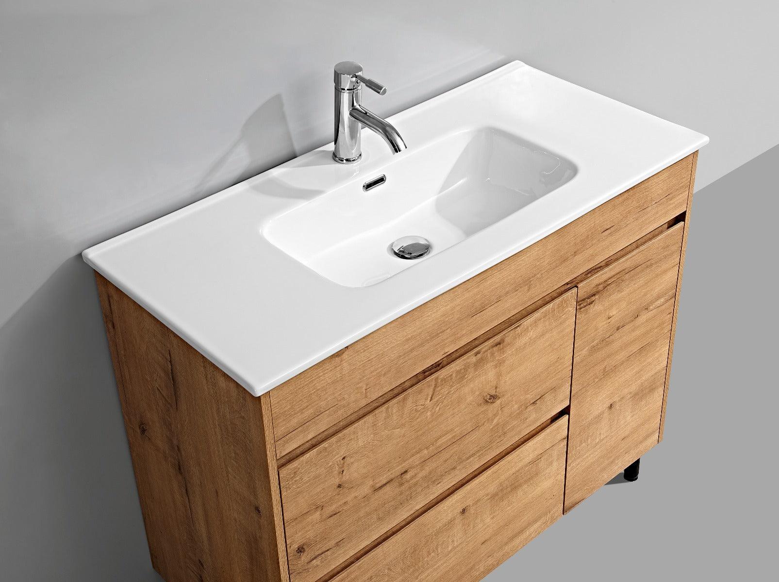 40" Soft Oak Freestanding Bathroom Vanity with White Ceramic Countertop *FREE FAUCET* – Image 3