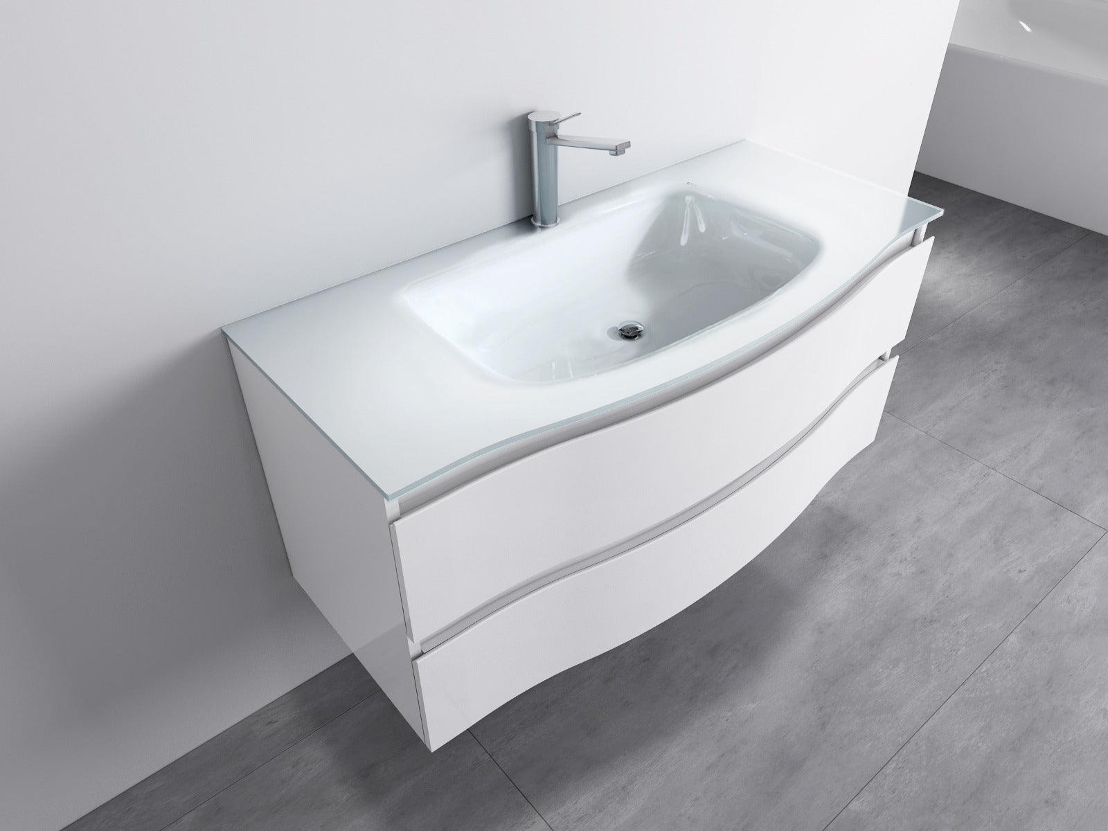 48" White Wall Mount Single Sink Bathroom Vanity with White Glass Countertop Wave - Image 2
