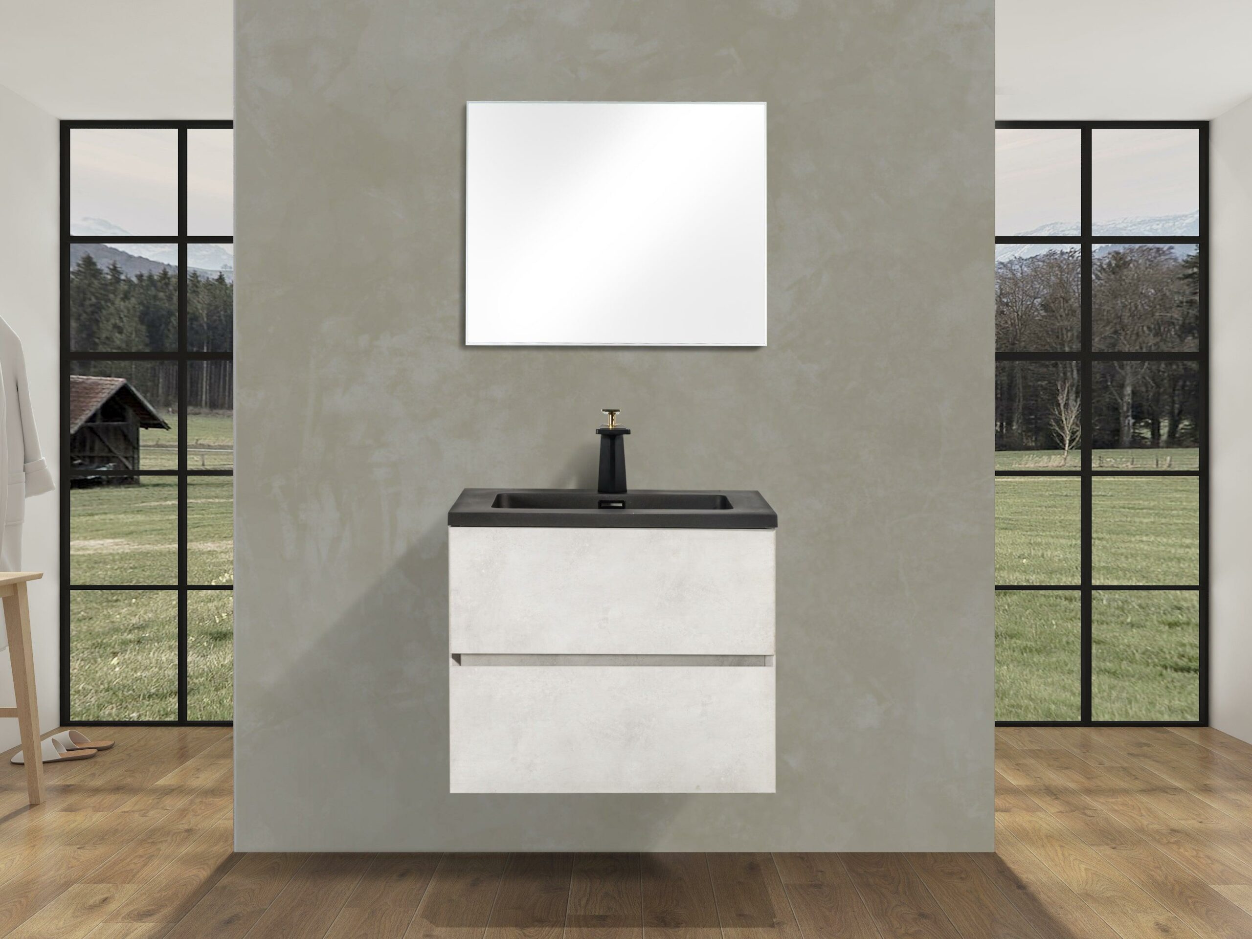 24" Grey Wall Mount Bathroom Vanity with Black Engineered Quartz Countertop – Image 1
