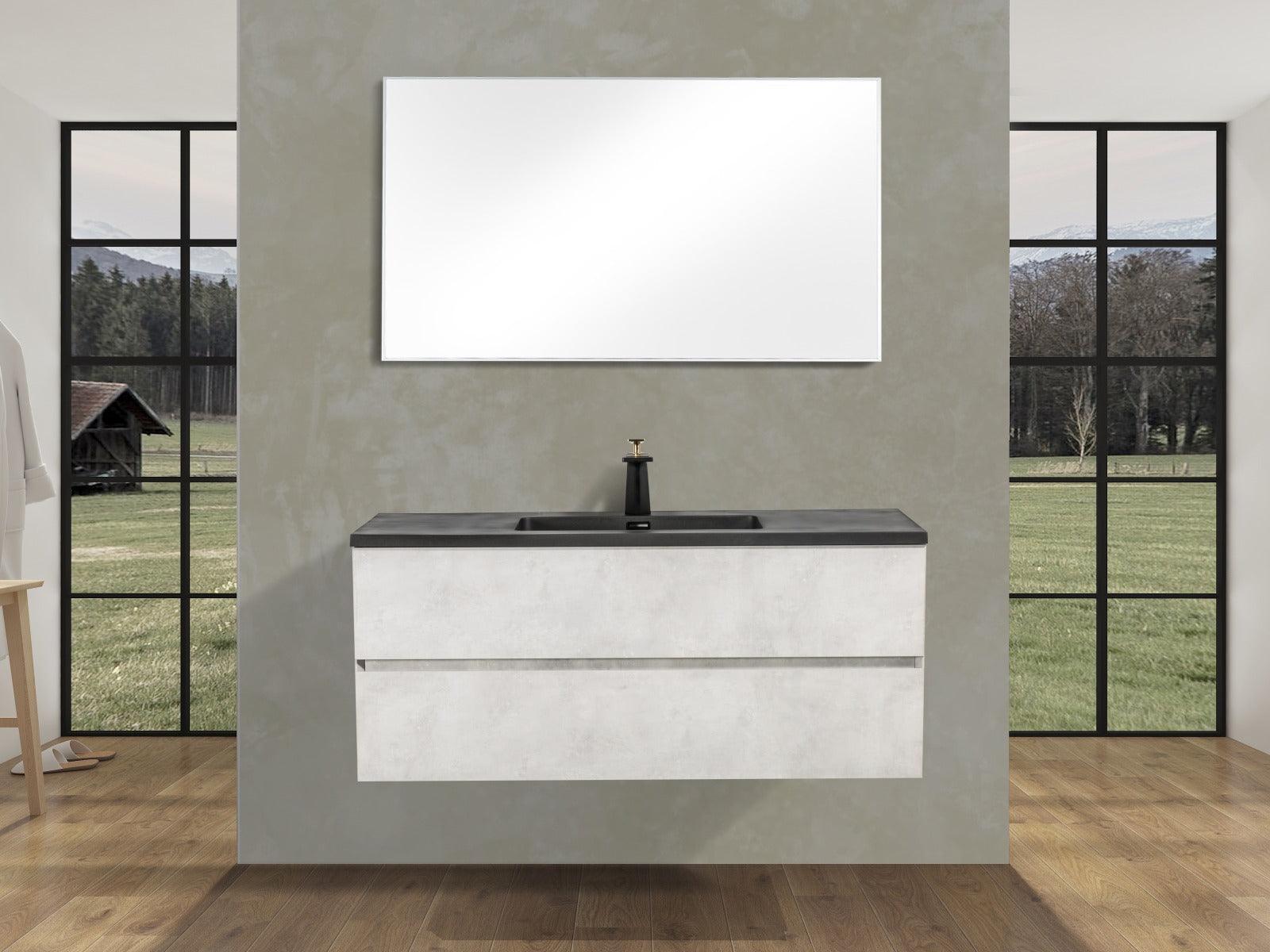 48" Grey Wall Mount Single Sink Bathroom Vanity with Black Engineered Quartz Countertop - Image 1