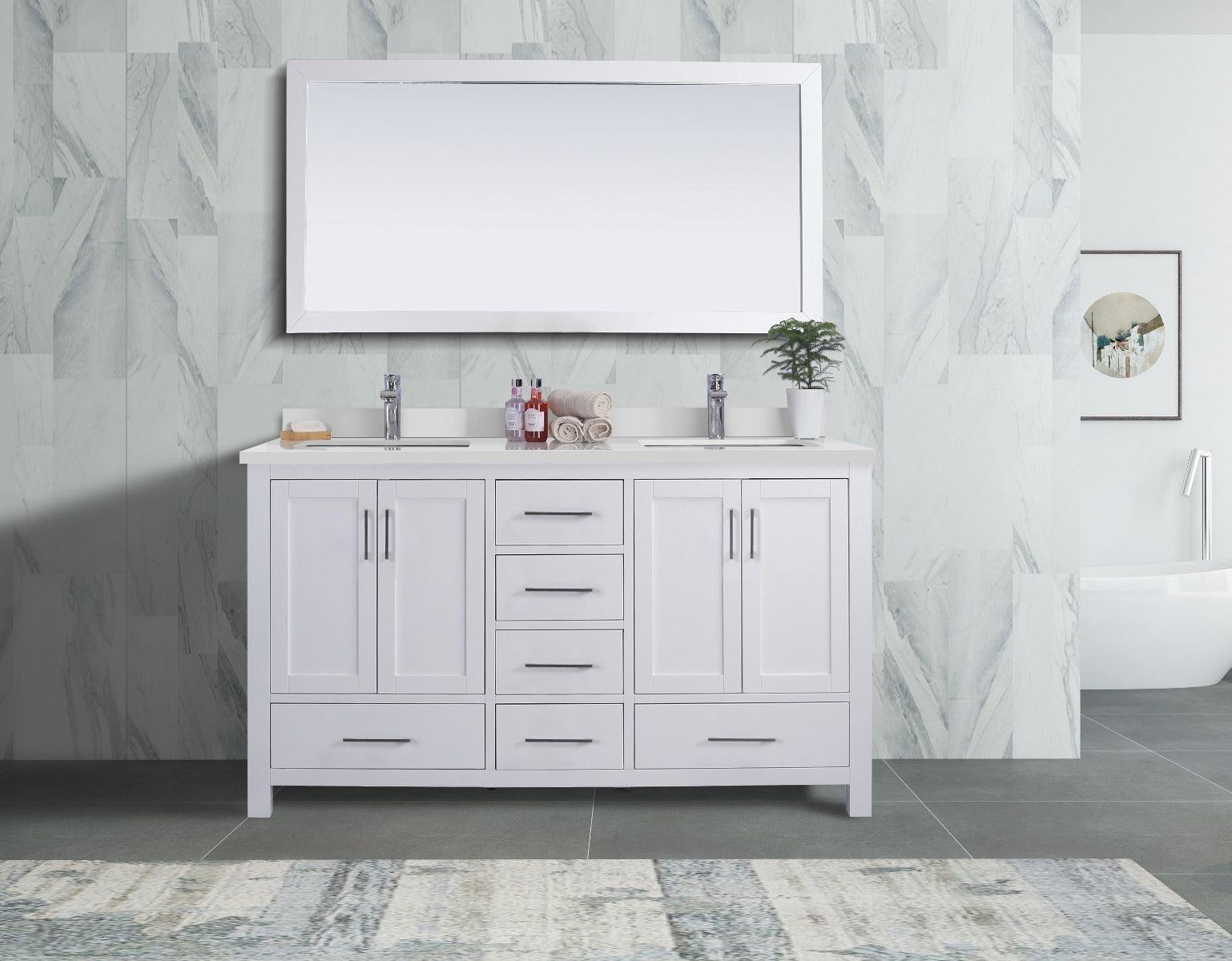 60" White Freestanding Double Sink Bathroom Vanity with White Quartz Countertop - Image 10