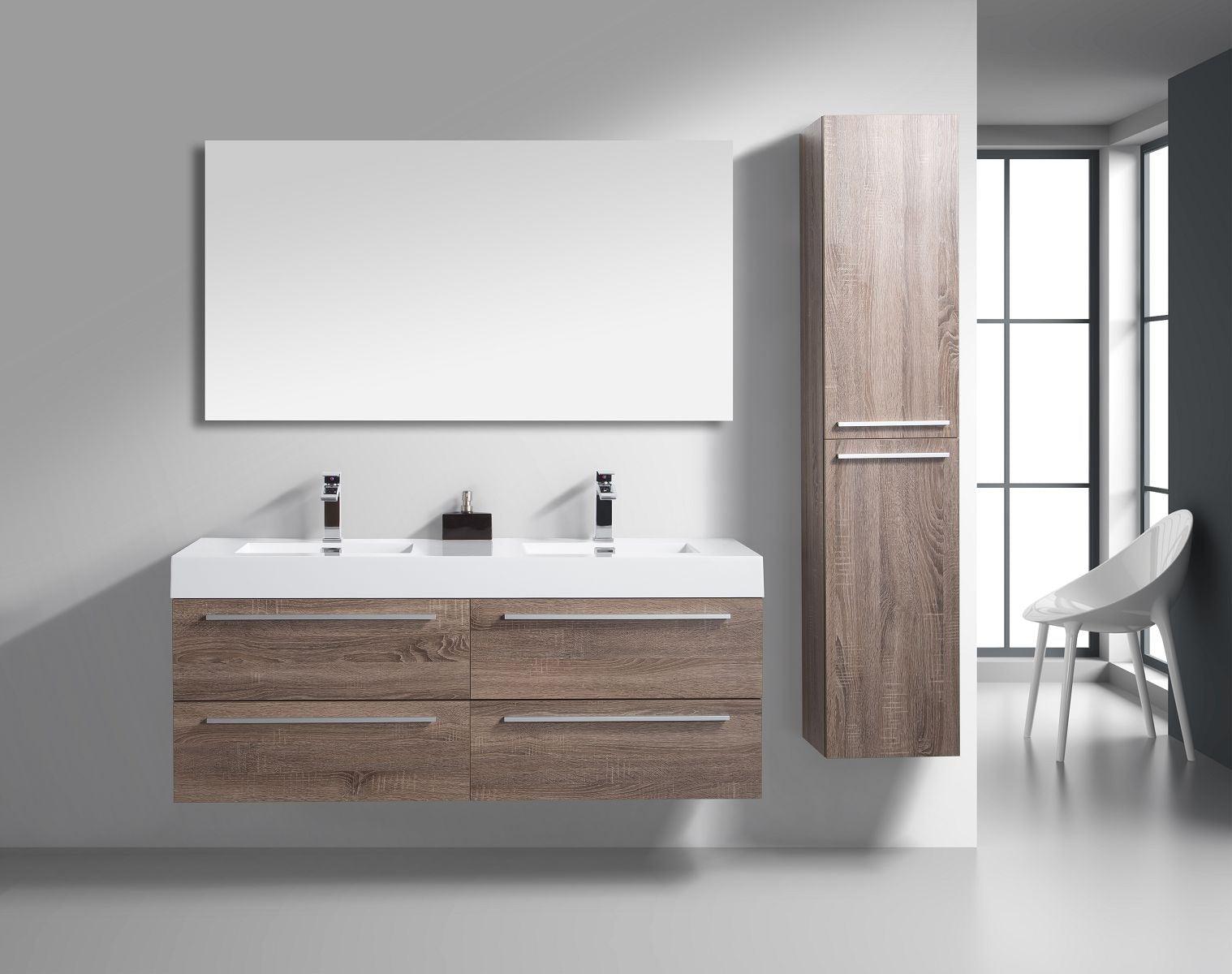 60" Soft Oak Wall Mount Double Sink Bathroom Vanity with White Polymarble Countertop Sofia – Image 7