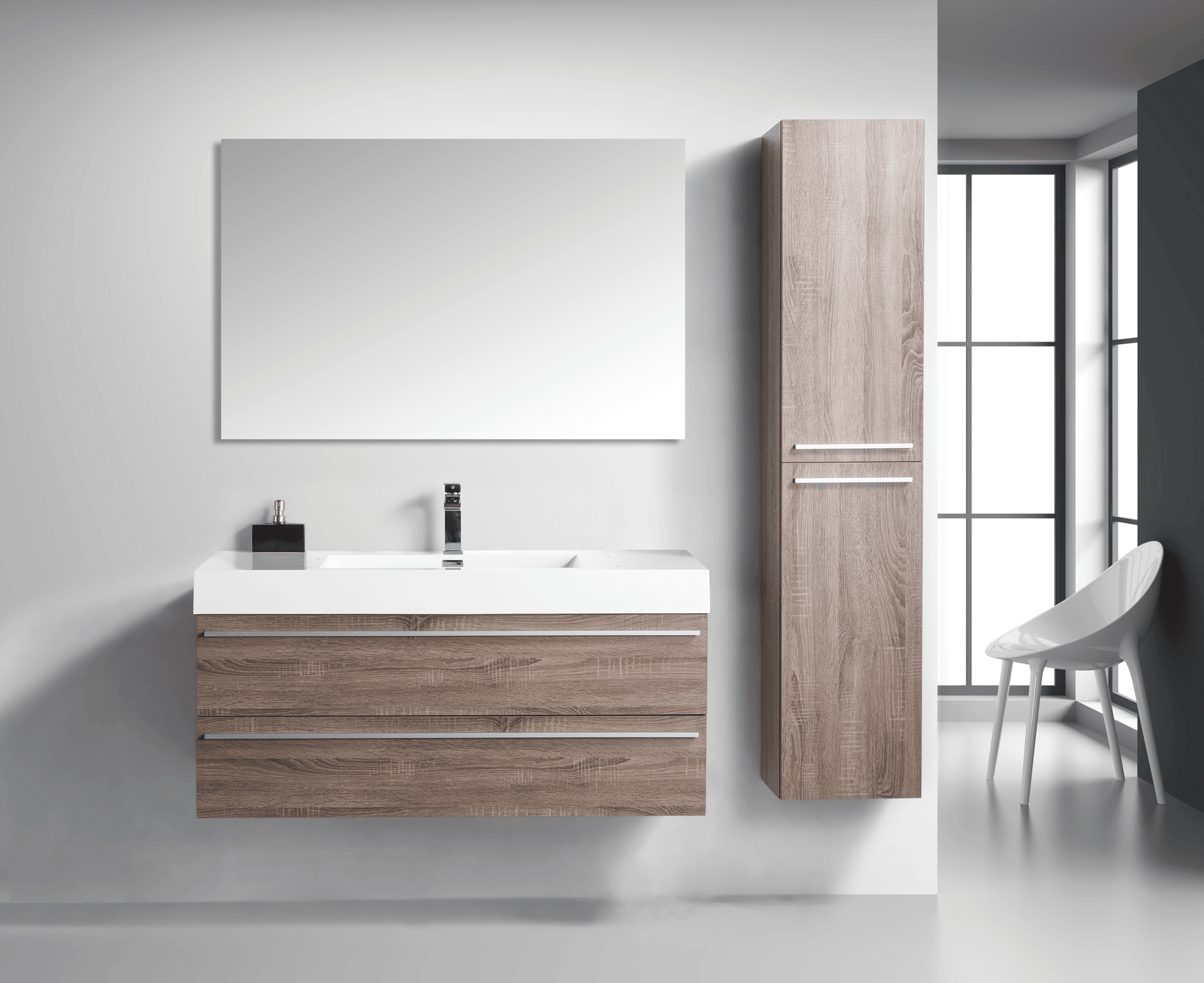 48" Soft Oak Wall Mount Single Sink Bathroom Vanity with White Polymarble Countertop Sofia – Image 1