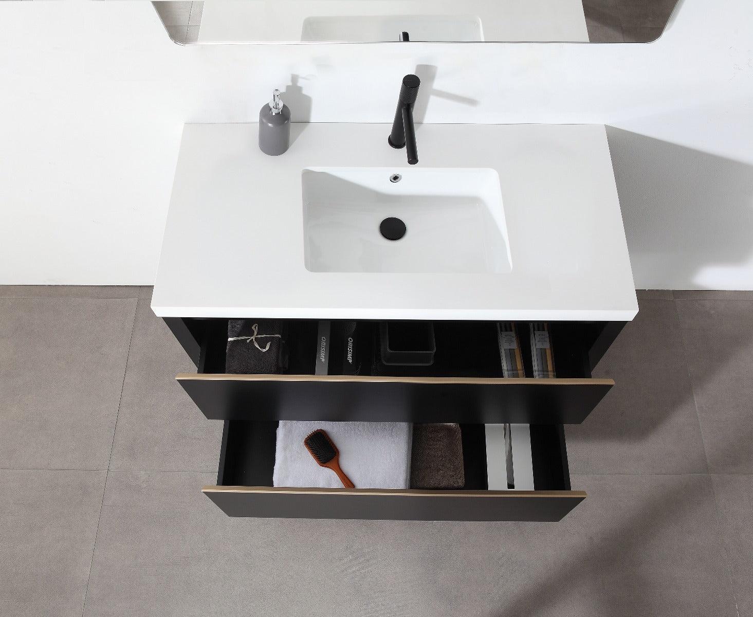 42" Black Freestanding Single Sink Bathroom Vanity with White Quartz Countertop - Image 4