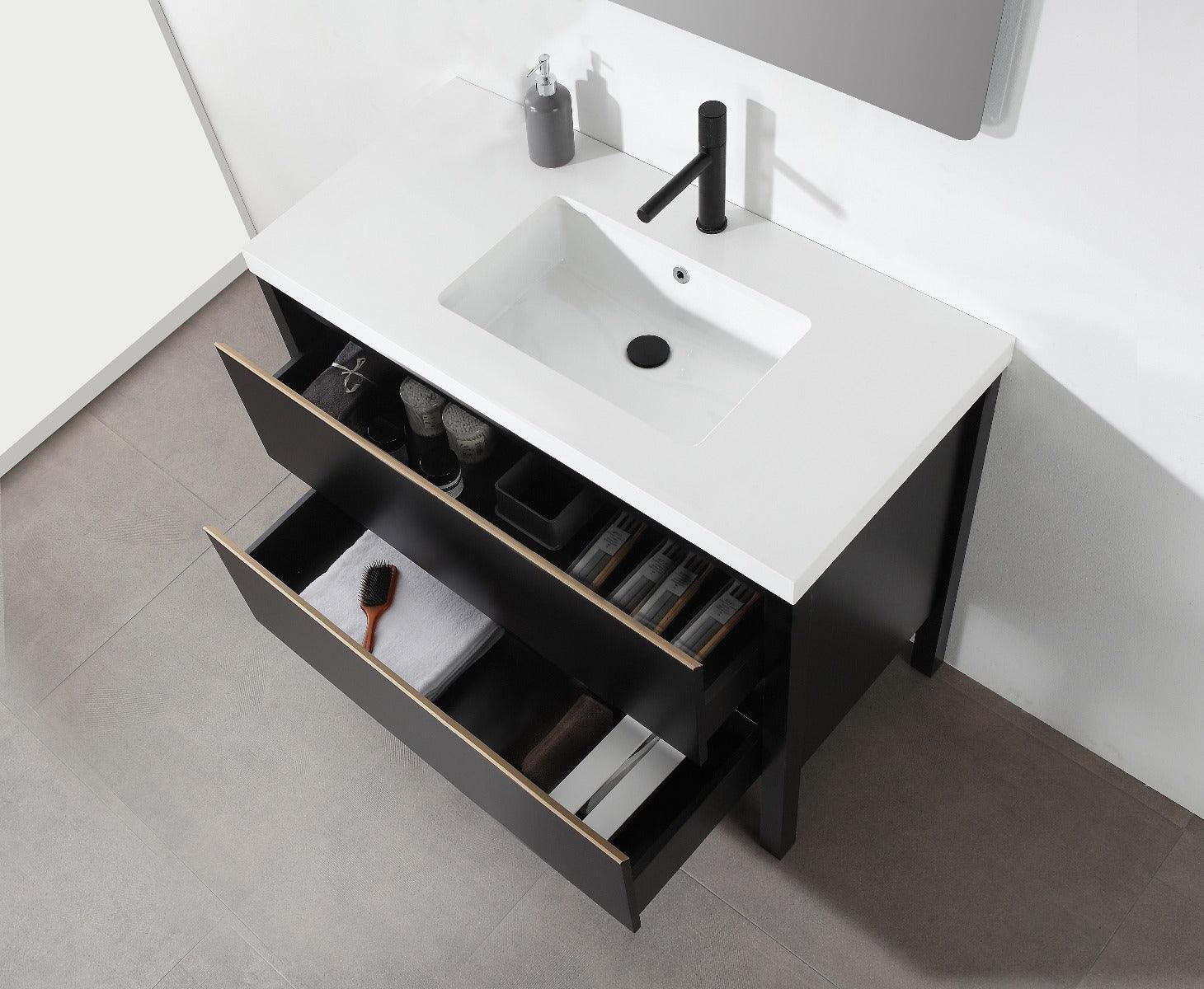 42" Black Freestanding Single Sink Bathroom Vanity with White Quartz Countertop - Image 5