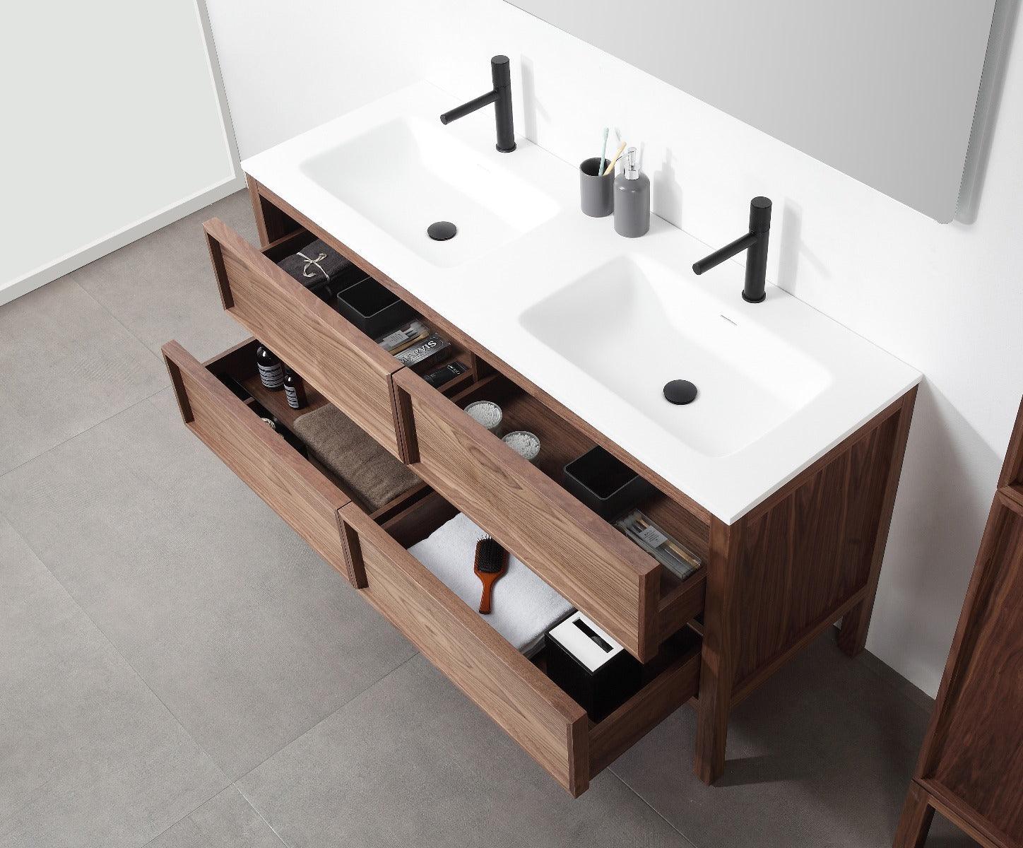 60" Natural Walnut Freestanding Double Sink Bathroom Vanity with White Solid Surface Countertop Vista – Image 4