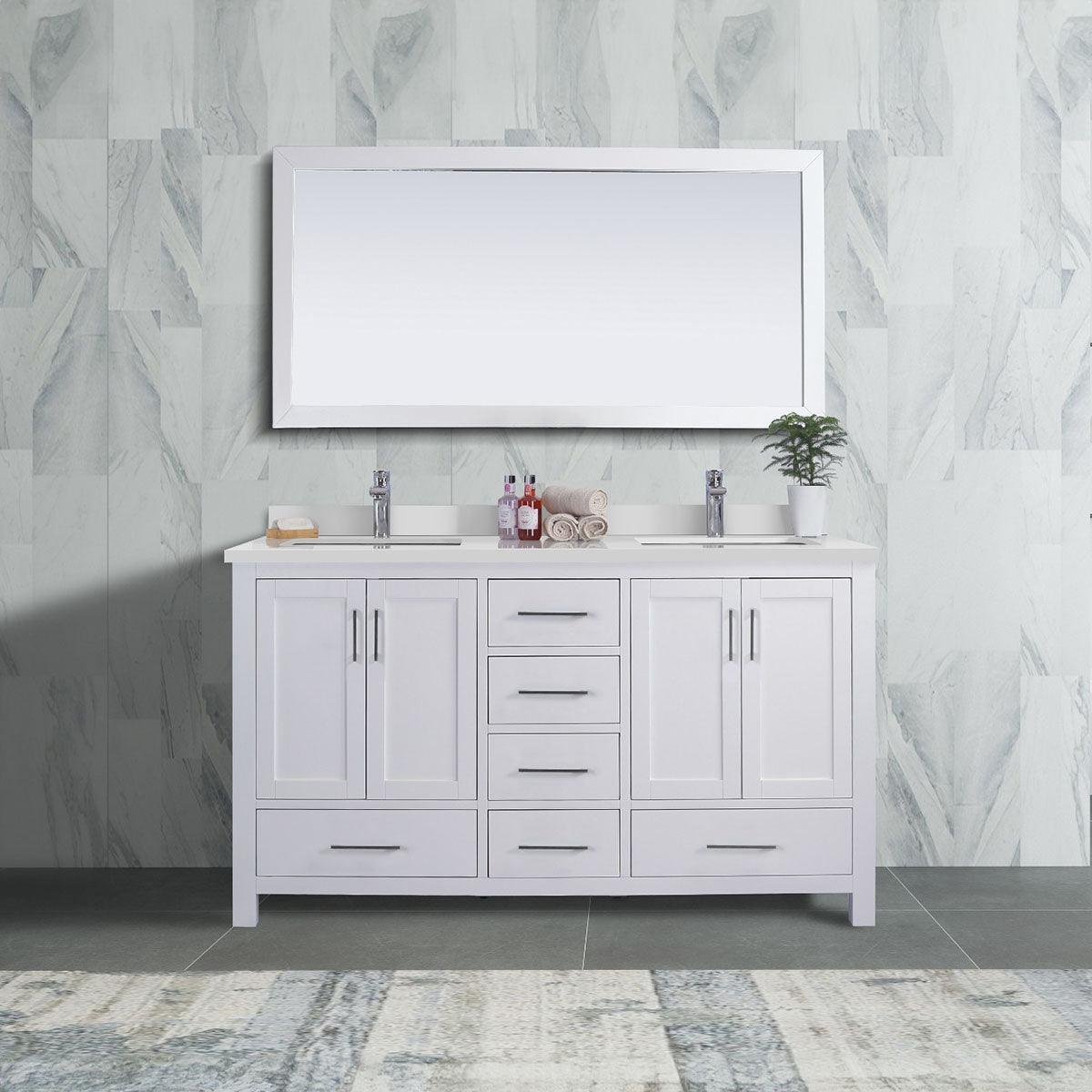 60" White Freestanding Double Sink Bathroom Vanity with White Quartz Countertop - Image 1