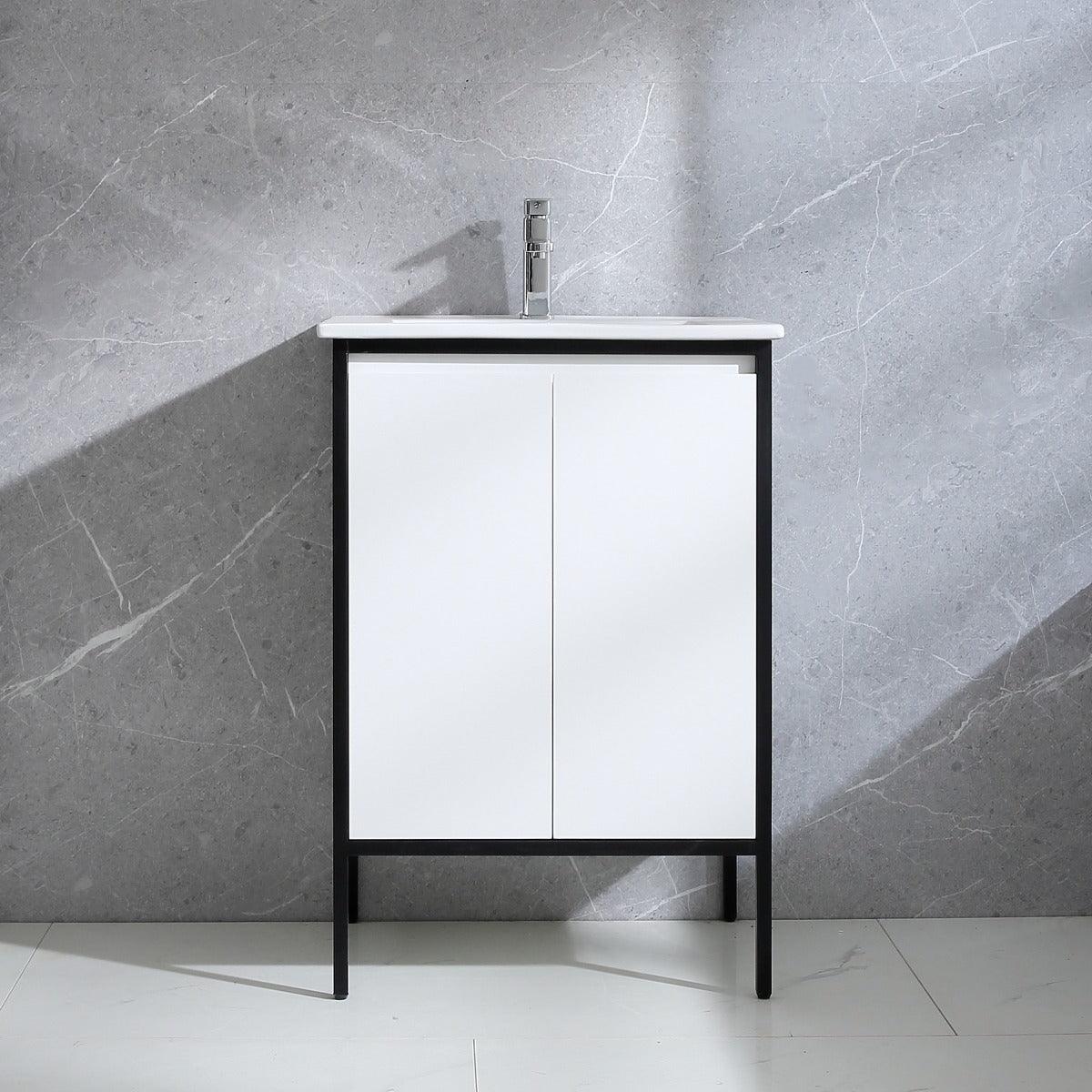 24" White & Black Frame Freestanding Single Sink Bathroom Vanity with White Ceramic Countertop – Image 1