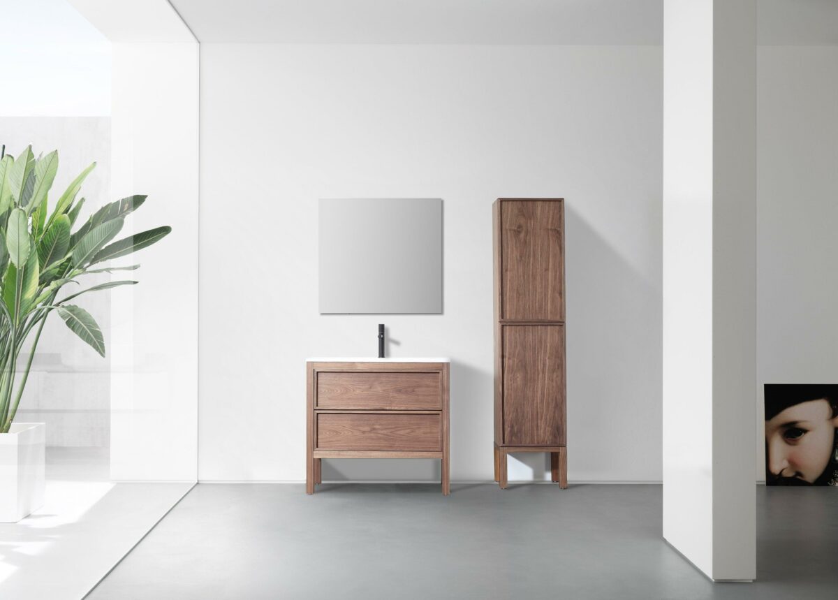 42" Natural Walnut Freestanding Bathroom Vanity with White Solid Surface Countertop Vista - Image 1