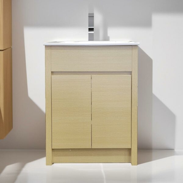 24" Light Oak Freestanding Bathroom Vanity with White Ceramic Countertop
