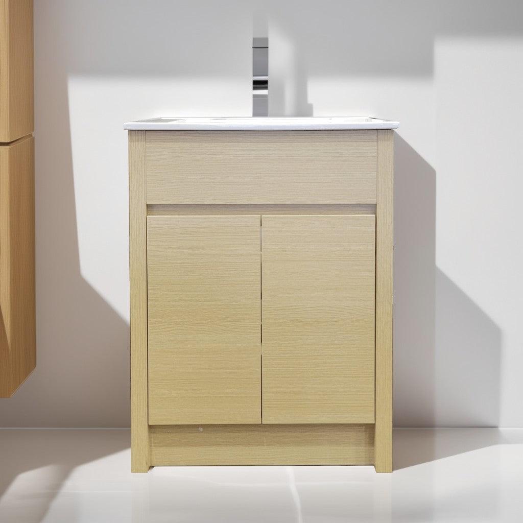 24" Light Oak Freestanding Bathroom Vanity with White Ceramic Countertop - Image 1