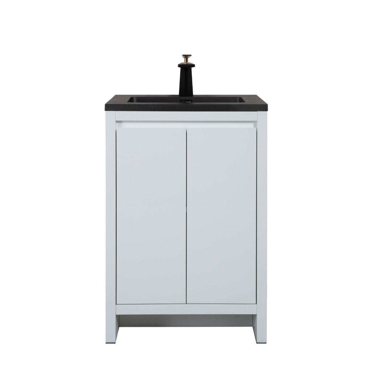 24" Glossy White Freestanding Bathroom Vanity with Black Engineered Quartz Countertop – Image 3