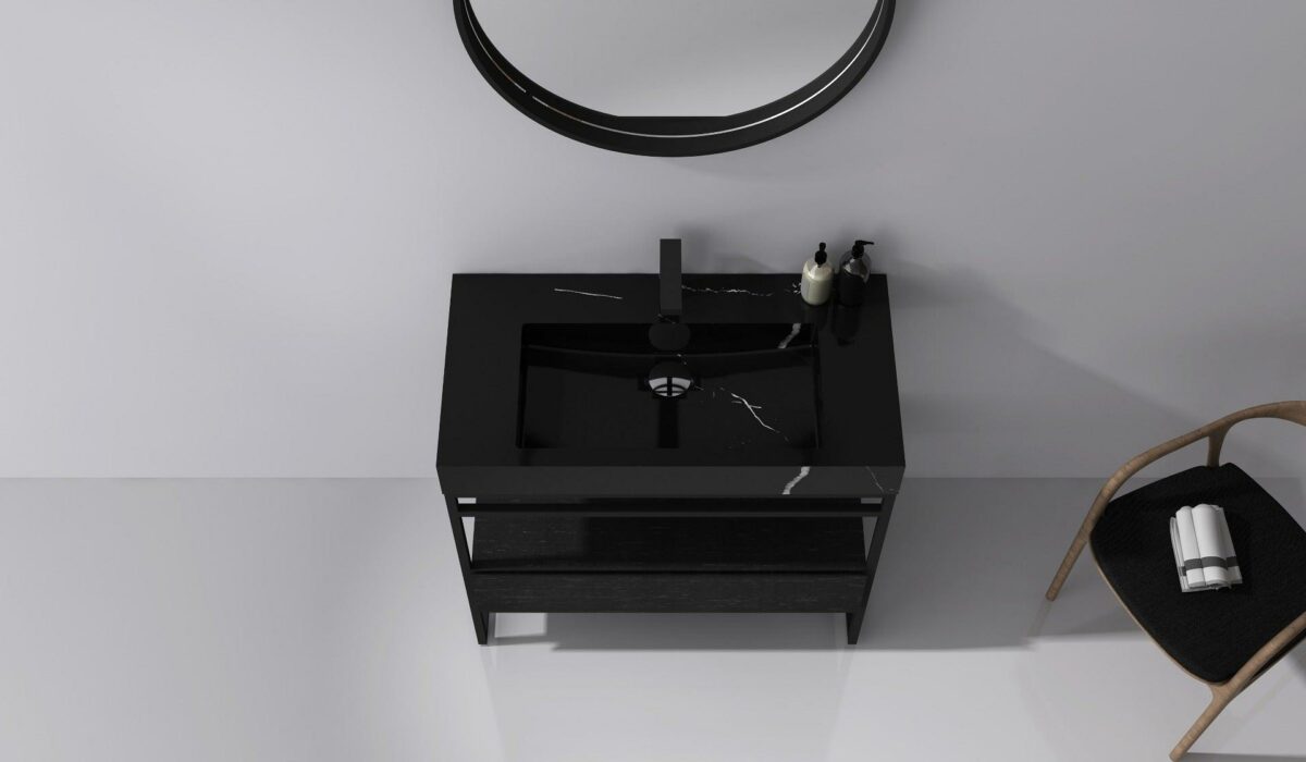 36" Black Oak Freestanding Bathroom Vanity with Black Marble Countertop – Image 4
