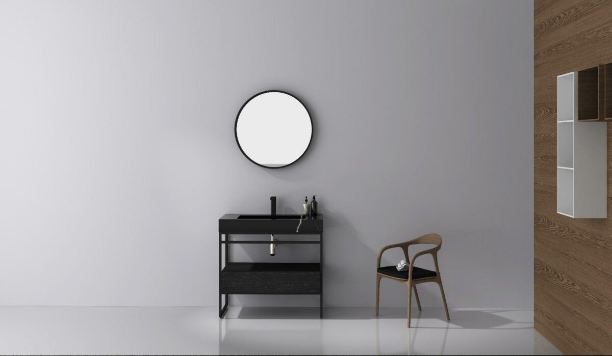 36" Black Oak Freestanding Bathroom Vanity with Black Marble Countertop – Image 1