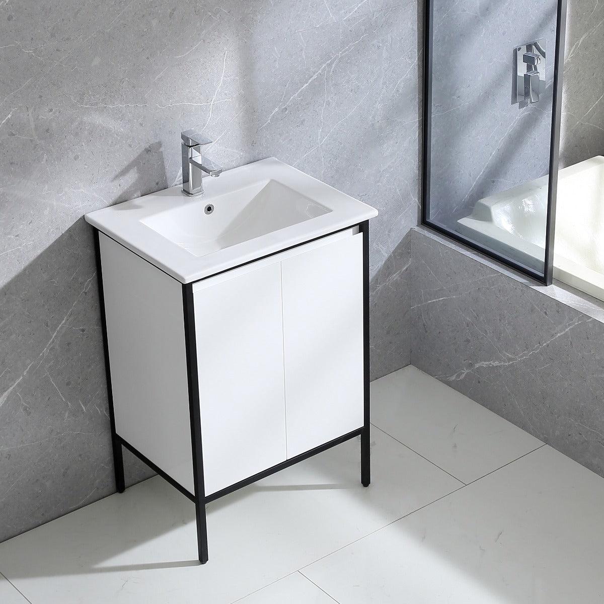 24" White & Black Frame Freestanding Single Sink Bathroom Vanity with White Ceramic Countertop – Image 8