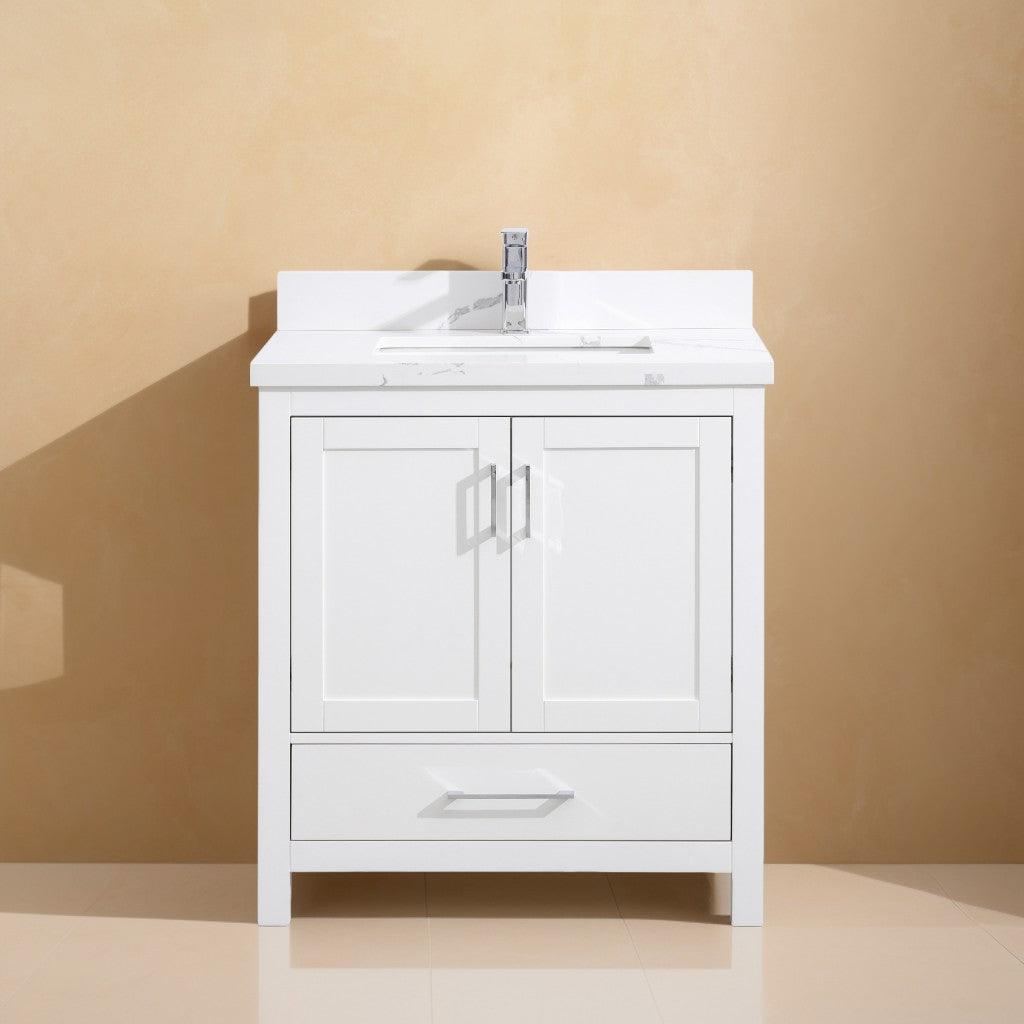 30" White Freestanding Bathroom Vanity with Calcutta Quartz Countertop – Image 1