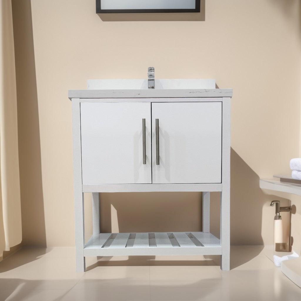 30" White Freestanding Single Sink Bathroom Vanity with Calcutta Quartz Countertop Fiory - Image 1