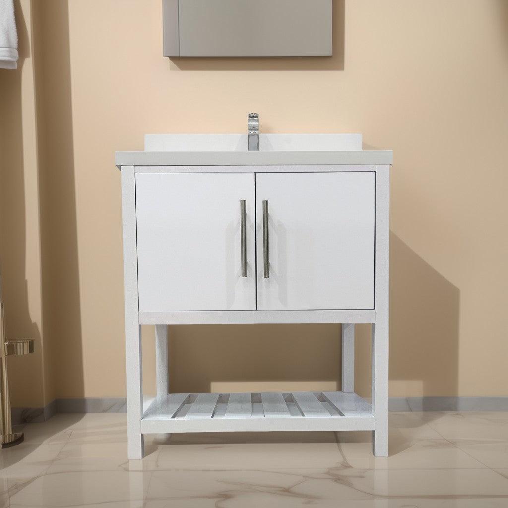 30" White Freestanding Single Sink Bathroom Vanity with Snow White Quartz Countertop Fiory - Image 1