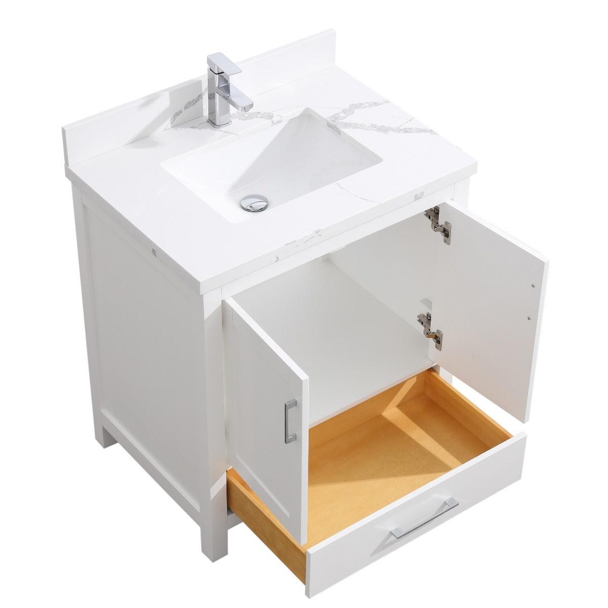 30" White Freestanding Bathroom Vanity with Calcutta Quartz Countertop - Image 3