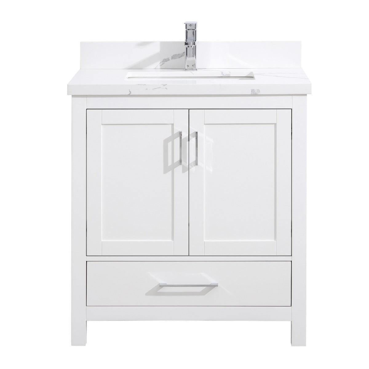 30" White Freestanding Bathroom Vanity with Calcutta Quartz Countertop – Image 2