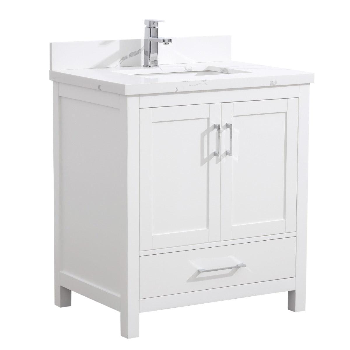 30" White Freestanding Bathroom Vanity with Calcutta Quartz Countertop – Image 6