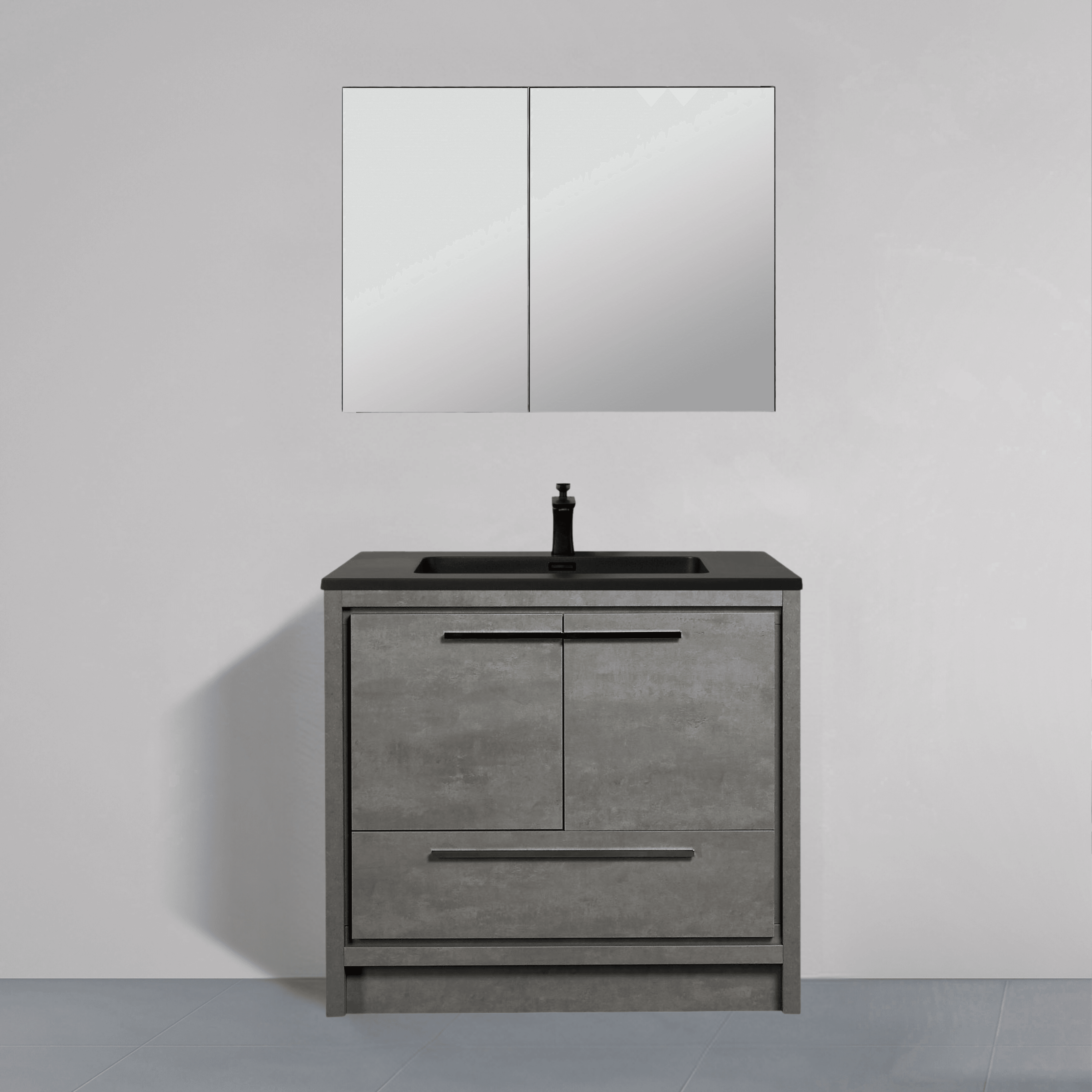 36" Cement Freestanding Bathroom Vanity with Black quartz engineered countertop – Image 1