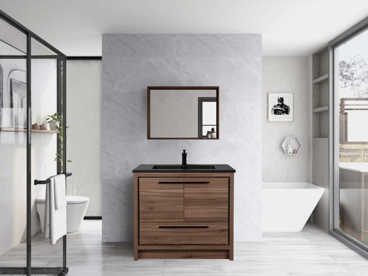 36" Walnut Freestanding Bathroom Vanity with Black Engineered Quartz Countertop - Image 1
