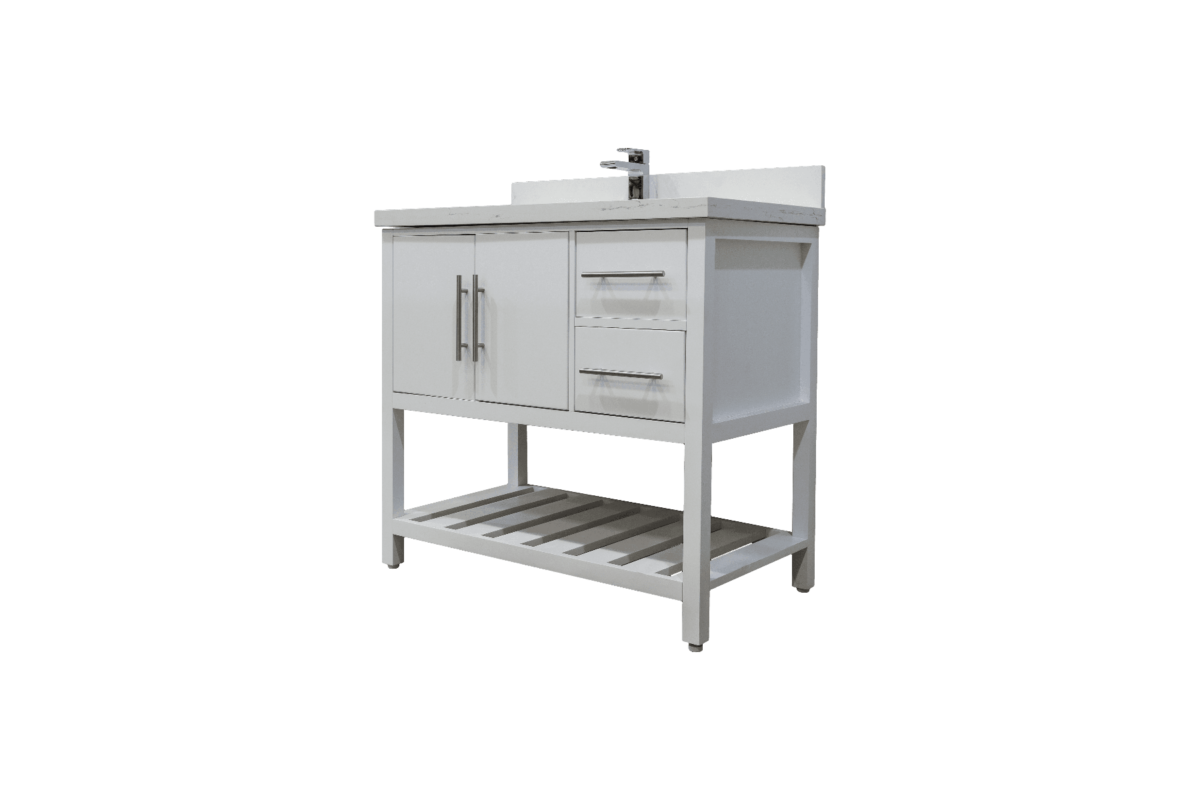 36" White Freestanding Single Sink Bathroom Vanity with Calcutta Quartz Countertop Fiory - Image 3