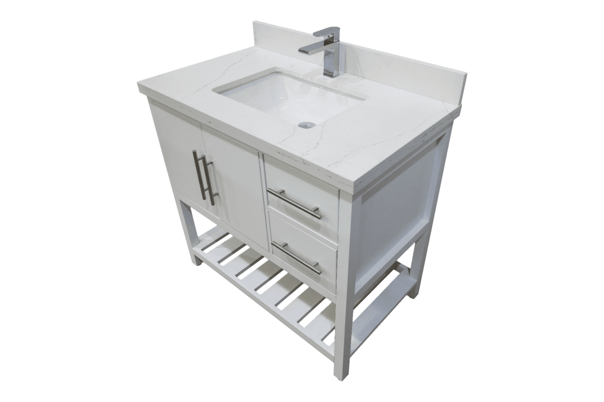 36" White Freestanding Single Sink Bathroom Vanity with Calcutta Quartz Countertop Fiory - Image 4