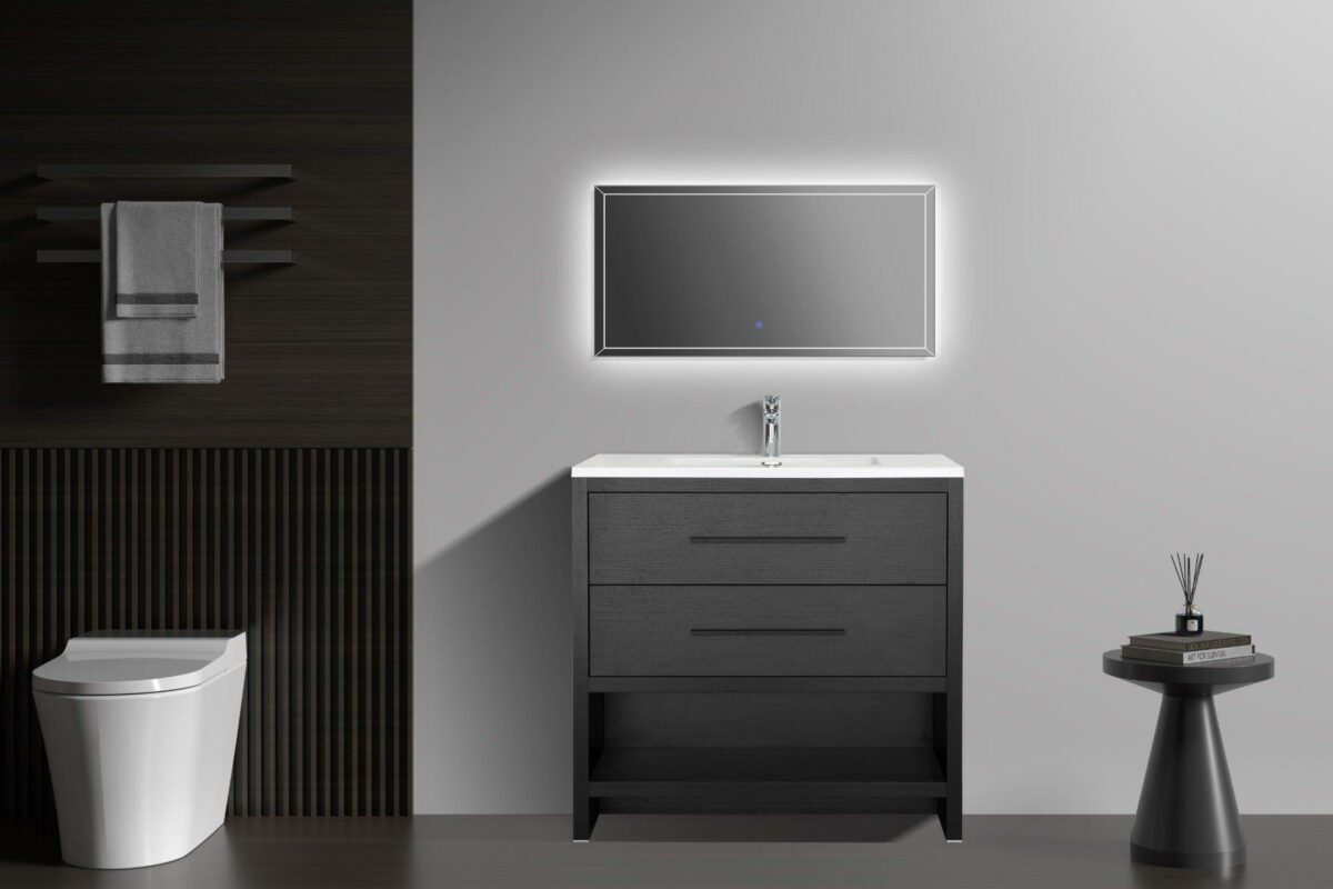 36" Black Rough Oak Freestanding Bathroom Vanity with White Polymarble Countertop – Image 2