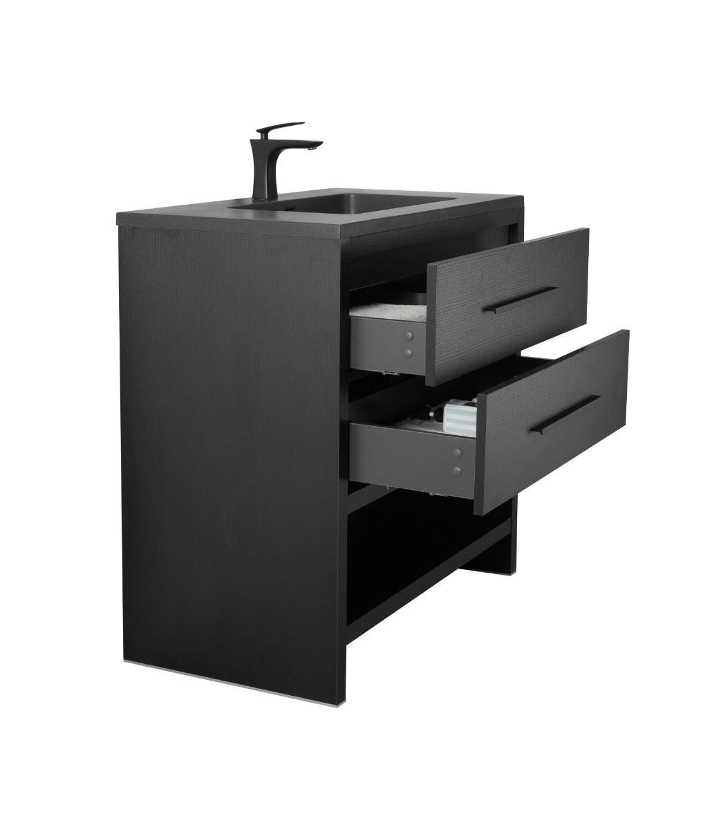 36" Black Rough Oak Freestanding Bathroom Vanity with Black Engineered Quartz Countertop – Image 6