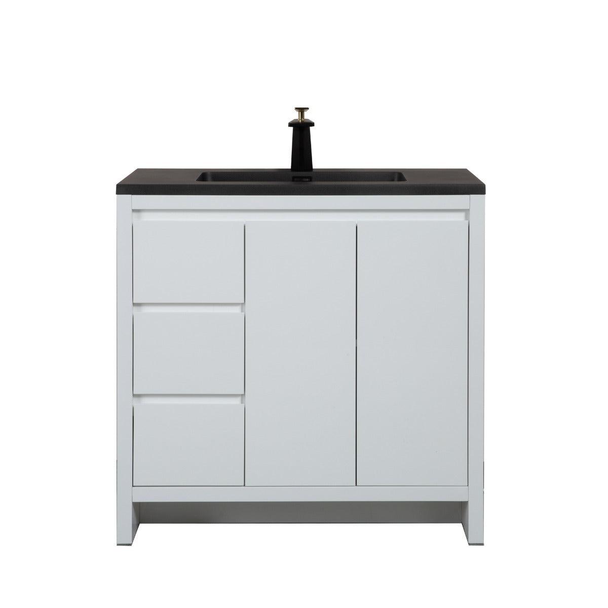 36" Glossy White Freestanding Bathroom Vanity with Black Engineered Quartz Countertop – Image 2