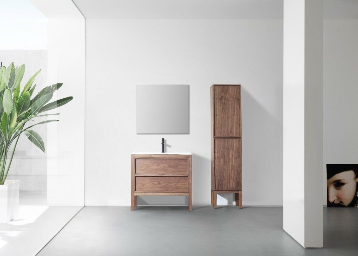 36" Natural Walnut Freestanding Bathroom Vanity with White Solid Surface Countertop Vista - Image 1