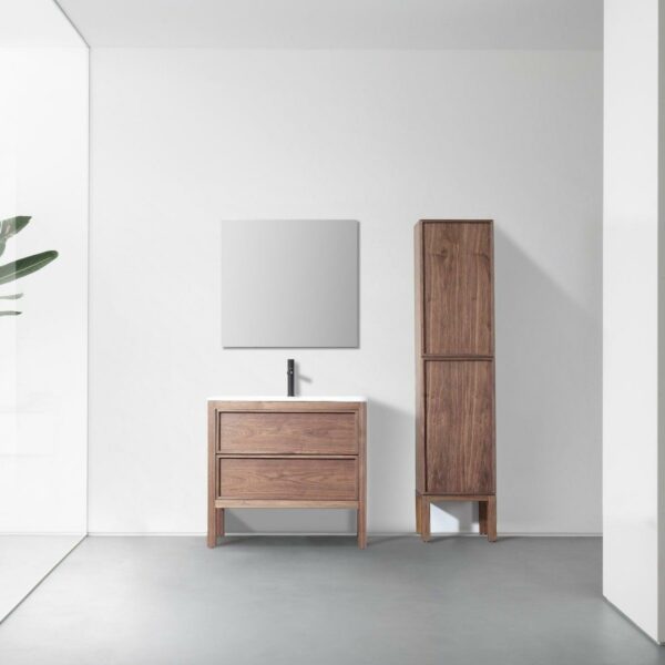 36" Natural Walnut Freestanding Bathroom Vanity with White Solid Surface Countertop Vista