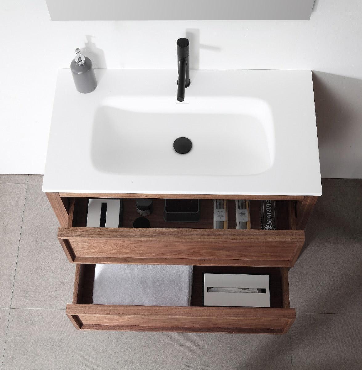 36" Natural Walnut Freestanding Bathroom Vanity with White Solid Surface Countertop Vista - Image 5