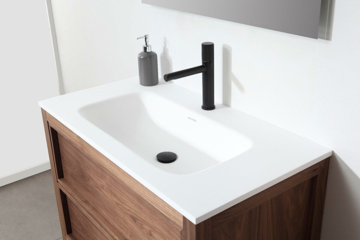 42" Natural Walnut Freestanding Bathroom Vanity with White Solid Surface Countertop Vista - Image 3