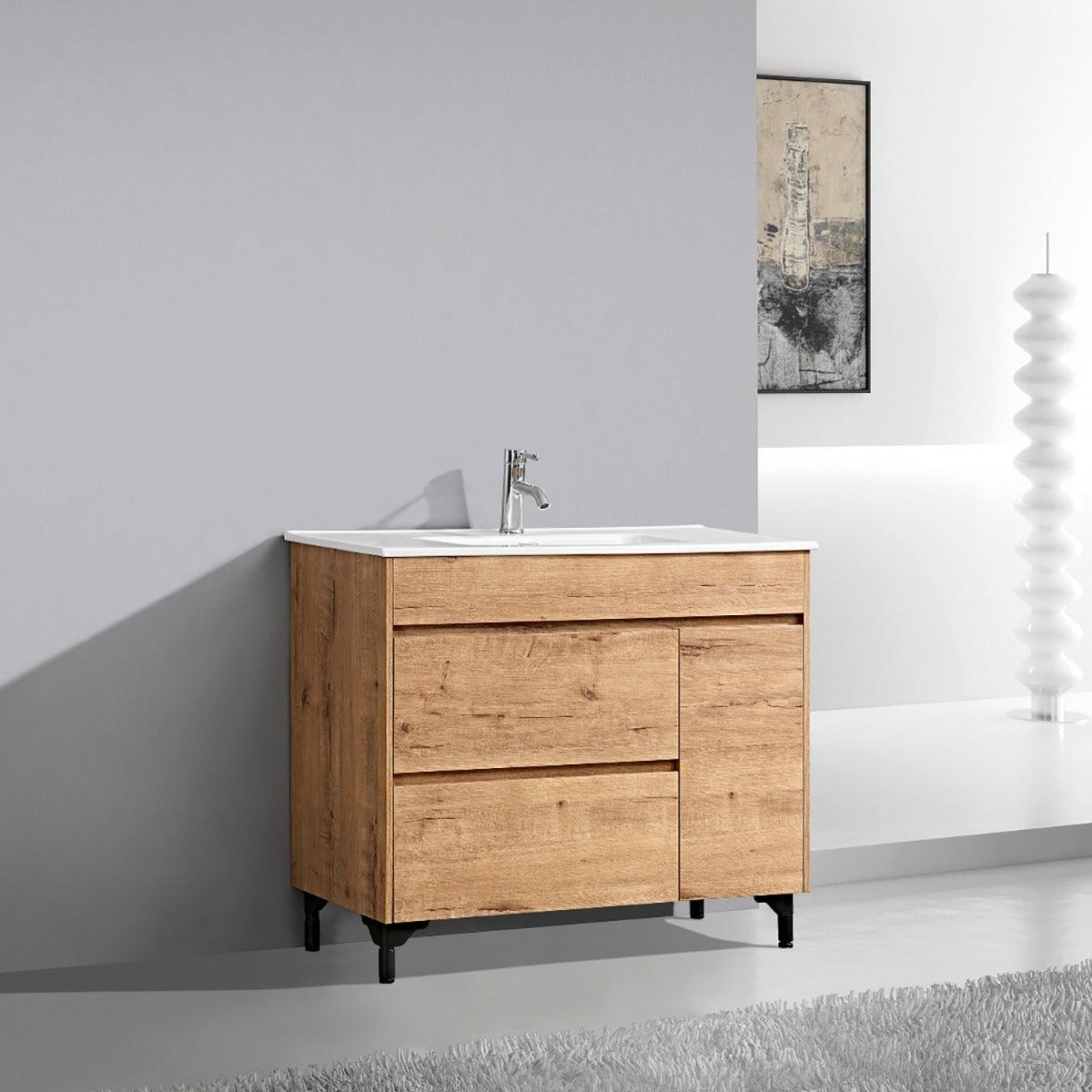 40" Soft Oak Freestanding Bathroom Vanity with White Ceramic Countertop *FREE FAUCET* – Image 1