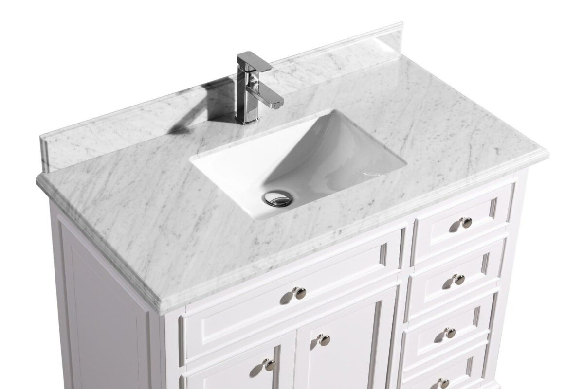 42" White Freestanding Bathroom Vanity with Carrera Marble Countertop - Image 4
