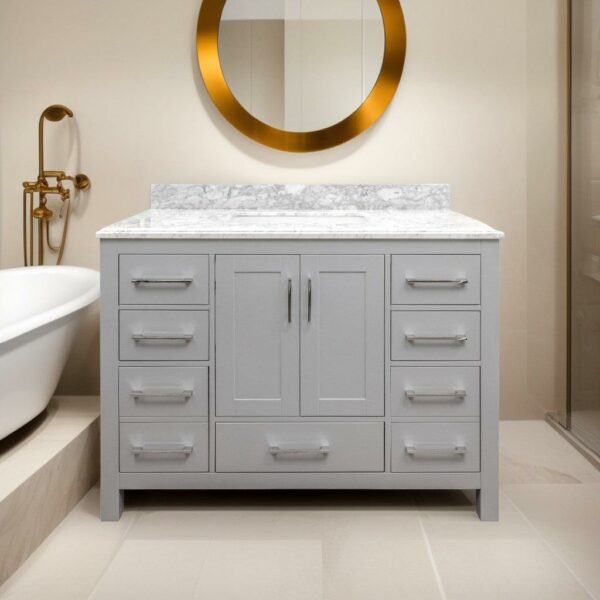 48" Grey Freestanding Single Sink Bathroom Vanity with Calcutta Quartz Countertop Mella