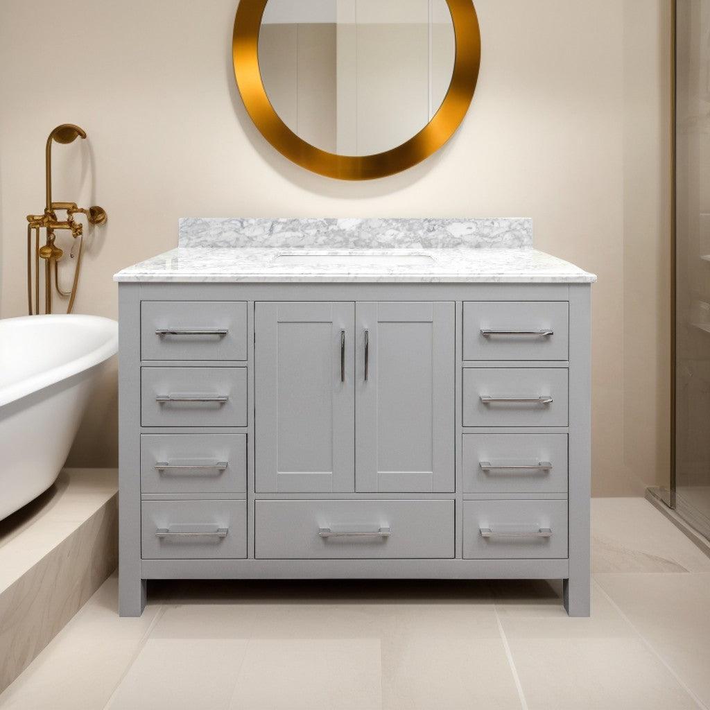 48" Grey Freestanding Single Sink Bathroom Vanity with Calcutta Quartz Countertop Mella - Image 1