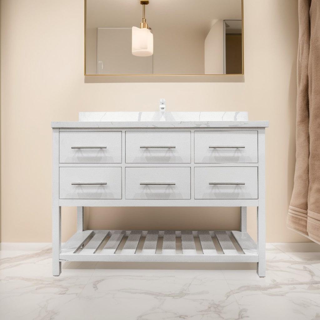 48" White Freestanding Single Sink Bathroom Vanity with Calcutta Quartz Countertop Fiory - Image 1