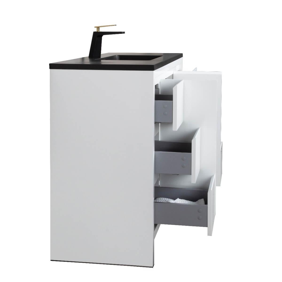 48" Glossy White Freestanding Bathroom Vanity with Black Engineered Quartz Countertop – Image 4