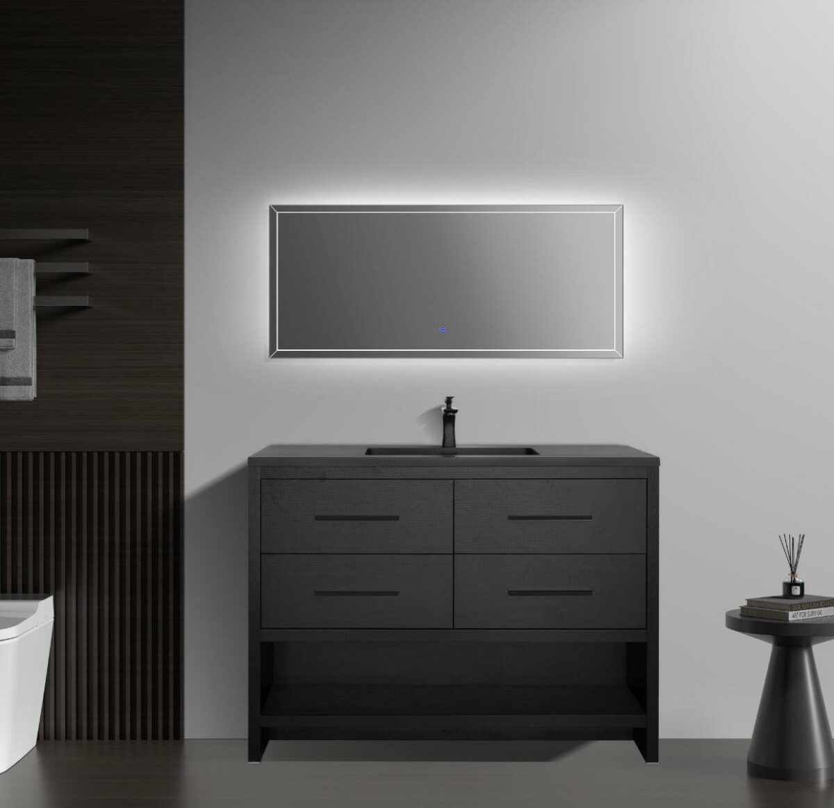 48" Black Rough Oak Freestanding Bathroom Vanity with Black Engineered Quartz Countertop – Image 1