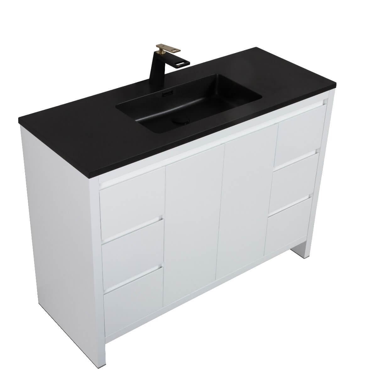 48" Glossy White Freestanding Bathroom Vanity with Black Engineered Quartz Countertop – Image 2