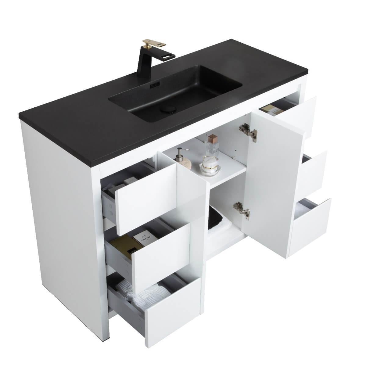 48" Glossy White Freestanding Bathroom Vanity with Black Engineered Quartz Countertop – Image 5