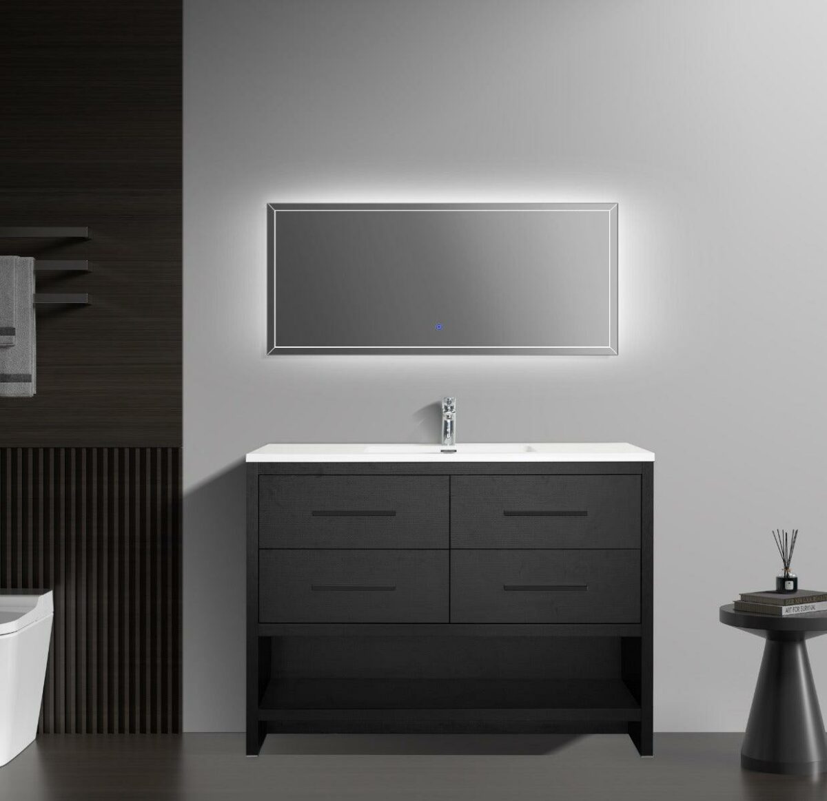 48" Black Rough Oak Freestanding Bathroom Vanity with White Polymarble Countertop – Image 1