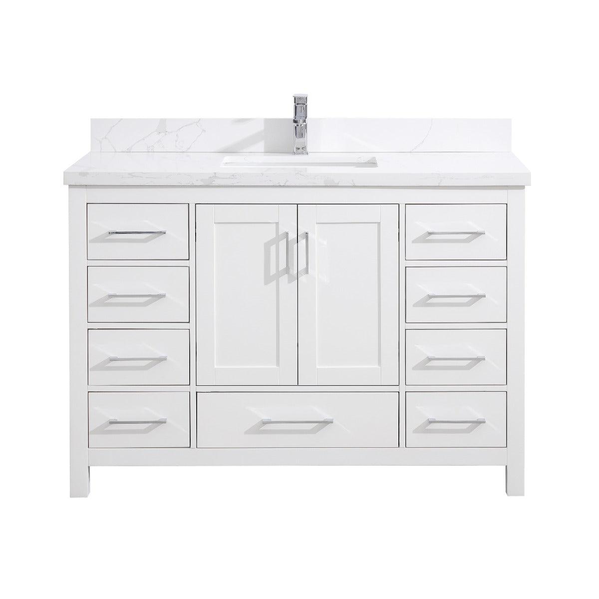 48" White Freestanding Single Sink Bathroom Vanity with Calcutta Quartz Countertop - Image 2