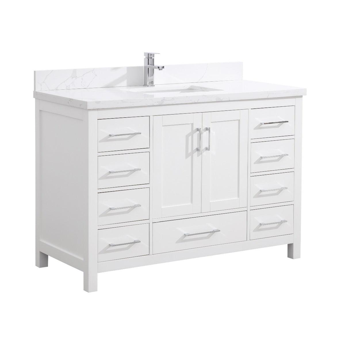 48" White Freestanding Single Sink Bathroom Vanity with Calcutta Quartz Countertop - Image 3